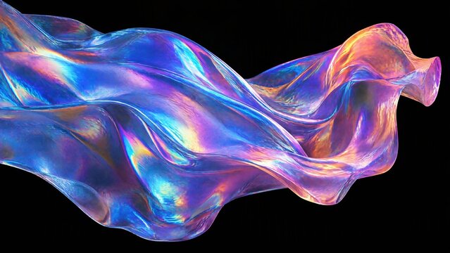 Colorful iridescent abstract flowing fabric texture with vibrant hues on black background