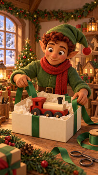 3D illustration of an elf with auburn curls and a red scarf packing a wooden locomotive in a cream gift box with green ribbon, in Christmas tree decorated workshop with lights