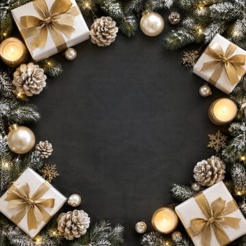 Festive Christmas gifts with gold bows, pine cones and candles arranged on dark background surrounded by snowy fir branches