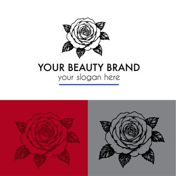 Rose illustration logo design and branding in a vintage hand-drawn pen and ink style 