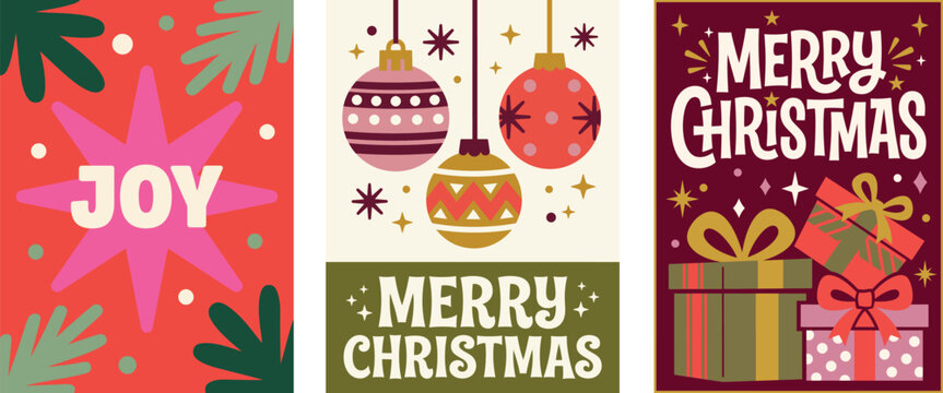 A vibrant collection of three festive christmas card vectors showcasing joyful greetings elegant ornaments and beautifully wrapped presents perfect for spreading holiday cheer