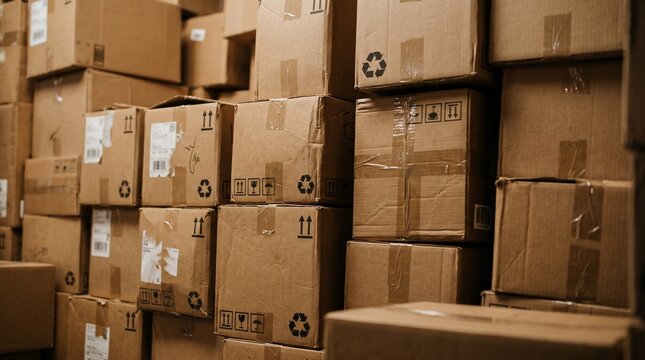 Stacked cardboard boxes fill a warehouse storage area ready for distribution