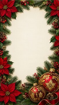 Christmas border with red poinsettia flowers, pine branches, gold ornaments, berries, and pine cones