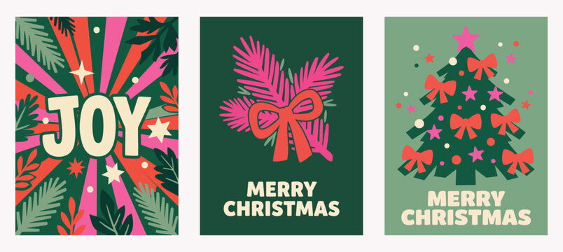 A vibrant collection of modern christmas card designs featuring bold typography festive colors and abstract illustrations perfect for spreading holiday cheer and warm