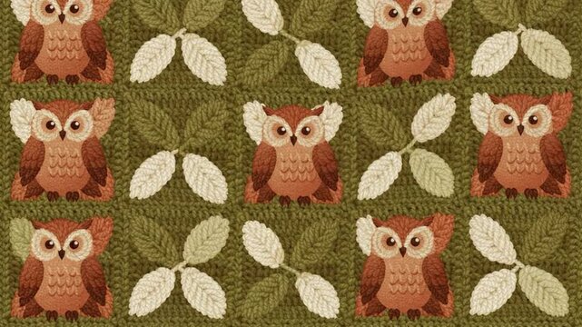 Charming owl pattern with leaves a cozy knitted textile design for autumn decor and childrens products seamless background illustration