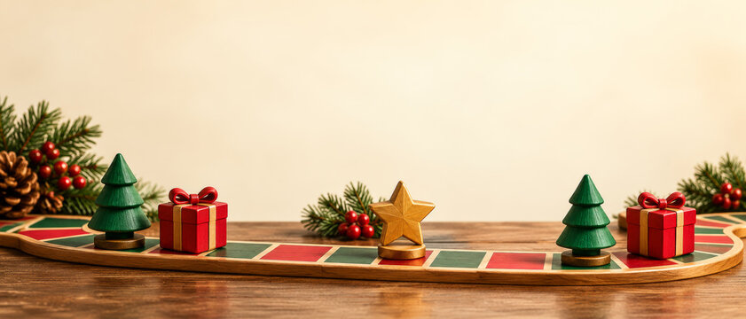 Wooden play track with green fir tokens, red gift boxes and gold star marker, festive tabletop board game background with cream copy space for retail banners and Merry Christmas greeting designs