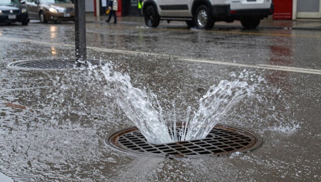 water gushing from a street drain during a heavy rainstorm