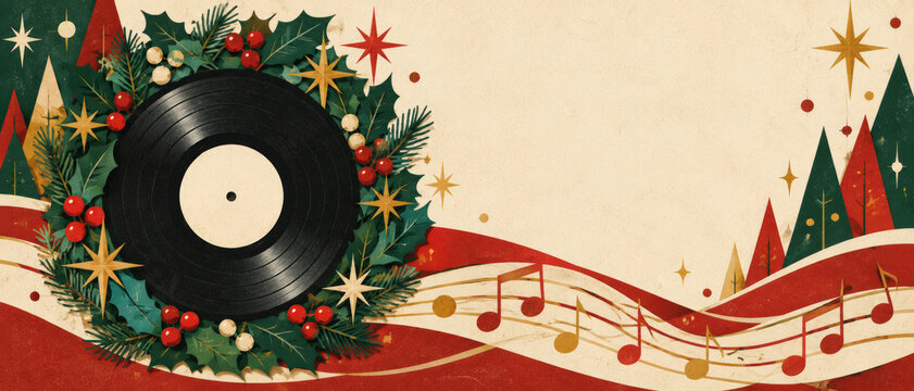 Merry Christmas music background with a black vinyl record inside a holly wreath, red notes and green trees across cream paper waves, combining retro print texture with an open field for event copy.