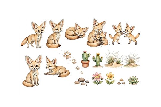 Fennec fox family watercolor set cute baby poses nursery