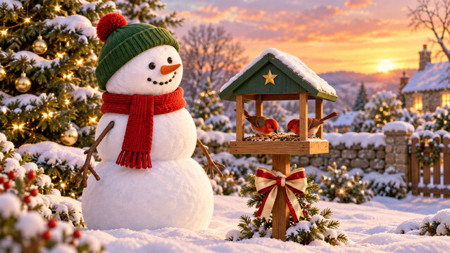 Snowman in a green cap and red scarf watching two red birds eat seeds in a wooden bird feeder with a gold star, decorated Christmas tree in snowy garden