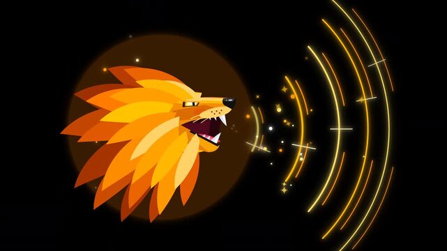 Flat Vector Male Lion Head Roaring with Golden Soundwaves and Glowing Light Particles on Black Background Seamless Loop 2D Animation