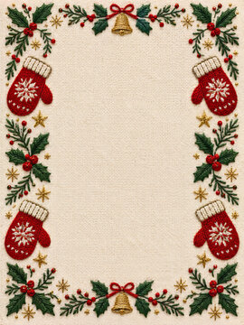 Merry Christmas background with embroidery of red mittens, holly and gold bells framing a cream wool field, with stitched berries and stars around a clear center for tactile festive invitations.