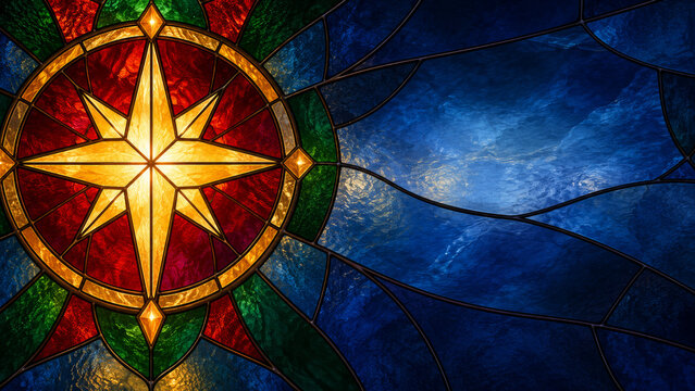 Merry Christmas greeting background with a gold star rosette in stained glass, surrounded by ruby and green panes beside a deep blue field, creating a luminous setting for seasonal messages.