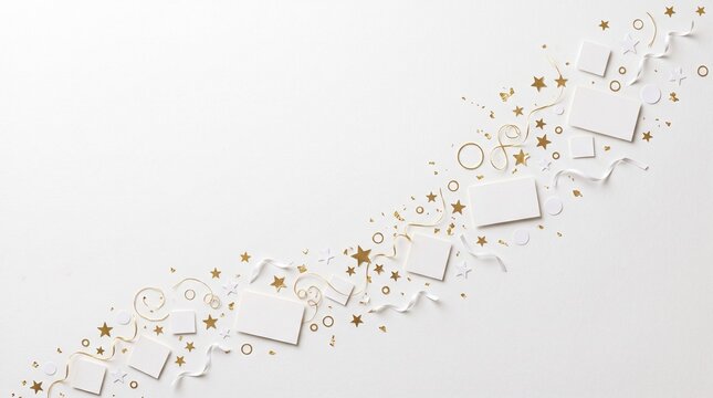 Abstract festive design with white squares, golden stars, rings, and streamers forming a dynamic diagonal wave on a white background