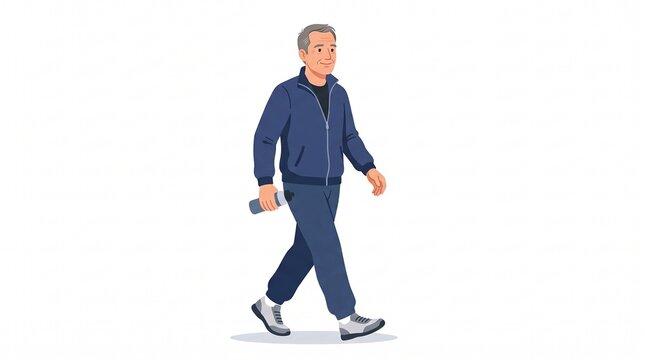 An older man in a tracksuit walking and holding a water bottle, depicting a healthy lifestyle