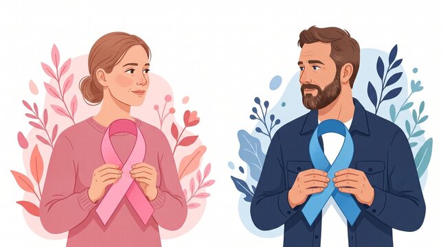 Two individuals, a woman and a man, holding pink and blue ribbons respectively, symbolizing awareness and support for various causes