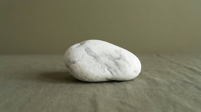 Single white marble stone resting on a textured olive green fabric surface