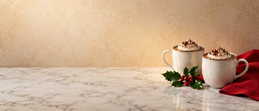 Merry Christmas drink background with two ivory mugs of cocoa topped with whipped cream and chocolate, beside holly berries and a red napkin on marble, leaving a warm field for hospitality copy.