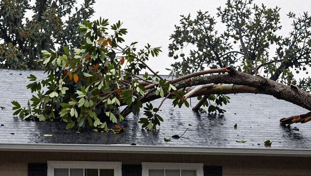 Fallen tree branches resting on a dark gray roof during rainfall