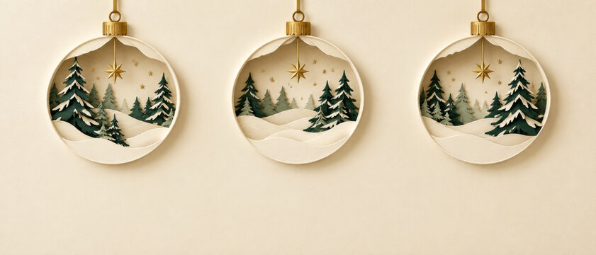 Merry Christmas greeting background with three hanging paper ornaments enclosing a layered forest and cream snow scenery, with gold stars, green fir trees and a blank field for card designs.