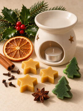 Ceramic wax burner with star and fir tree melts, dried orange, holly and unlit tealight on cream paper, seasonal home fragrance still life for Christmas candle catalogs and craft packaging
