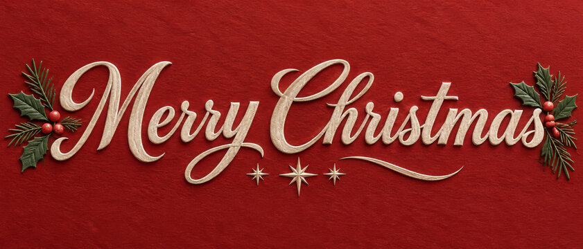 Merry Christmas ivory script lettering on red paper with evergreen, holly and stars, flowing raised greeting typography with tactile fibrous surface for seasonal banners, holiday cards and invitations