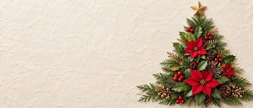 Merry Christmas botanical background with an evergreen tree arrangement of fir, poinsettia and holly berries beneath a gold star, positioned on ivory paper beside a quiet field for greeting copy.