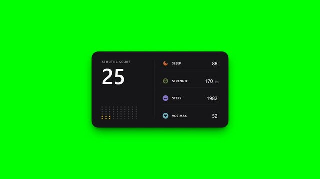 Modern athletic fitness dashboard UI animation featuring workout metrics, performance tracking, health statistics, activity monitoring, and interactive sports analytics for fitness applications and di