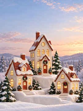 Merry Christmas home decor background with cream ceramic houses, red roofs and glowing windows on stepped snow terraces, surrounded by green fir trees beneath a winter sky with room for greetings.