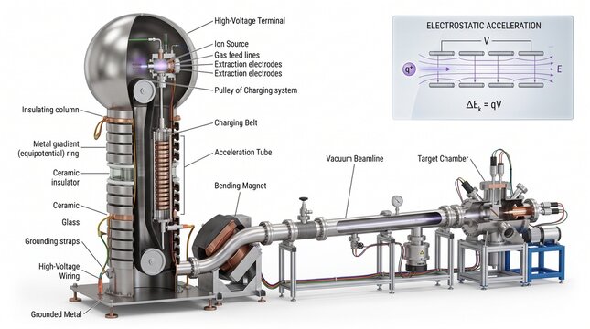 Vande Graaff accelerator visual Particle accelerator diagram illustrates the inner components of an electrostatic linear accelerator setup.