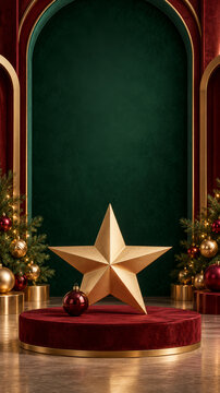 Merry Christmas greeting background with a gold star and glass bauble on a burgundy velvet platform beneath a green arch, framed by fir branches with a clear field for luxury seasonal copy.