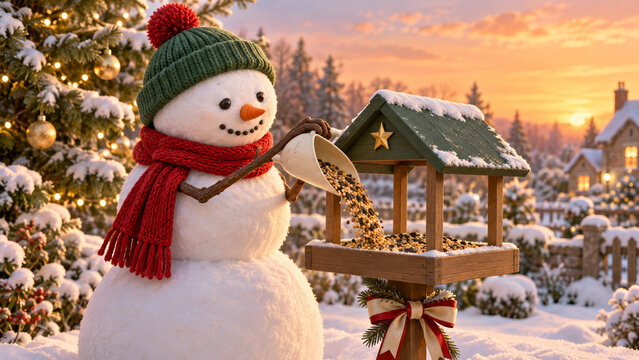 Merry Christmas 3D illustration of a smiling snowman pouring seeds from a cream scoop into a wooden bird feeder with a green roof and gold star, beside a decorated tree in a warm snowy sunset garden