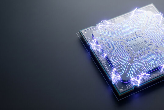 Futuristic microprocessor with glowing circuits on a dark surface  