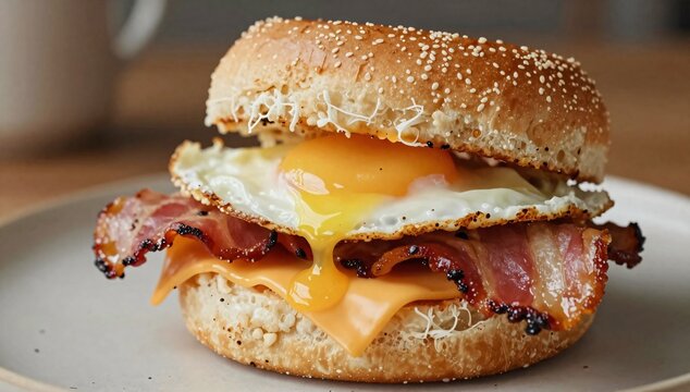 Bagel sandwich with fried egg, melted cheese, and crispy bacon