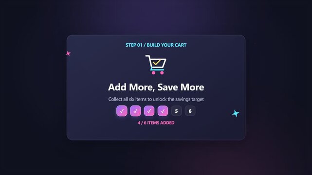 Online shopping cart interface illustrating a step-by-step 'Add More, Save More' incentive, encouraging customers to add items to achieve savings and reach a purchase goal