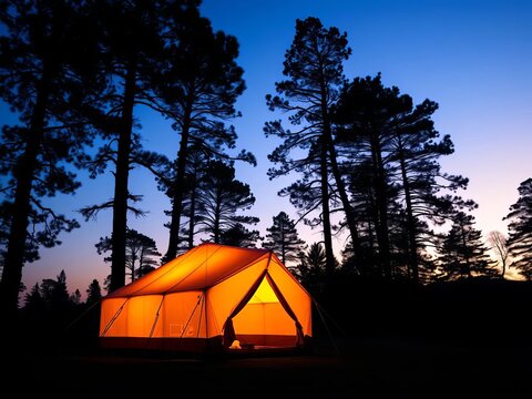 Glowing tent illuminated by soft golden light amidst towering tree silhouettes at dusk, adventure, landscape