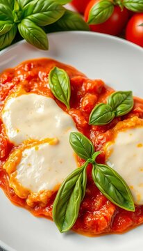Melted mozzarella cheese, tomato sauce, and fresh basil leaves on a white plate, meal, still life