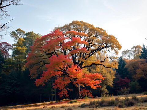 Tree forest landscape with diverse tree species, plants, nature