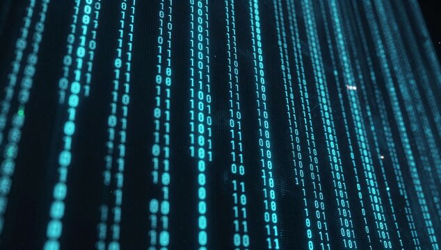 Digital binary code streams falling on dark background with aqua glowing numbers