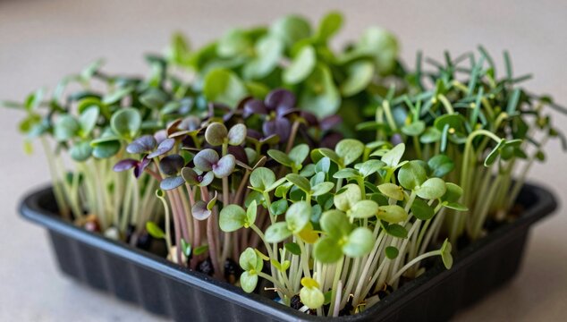 Close-up of fresh microgreens growing in a black plastic tray with a neutral background
