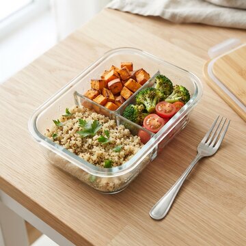 Glass Meal Prep Container with Quinoa and Roasted Vegetables, Healthy Eating and Nutrition Concept