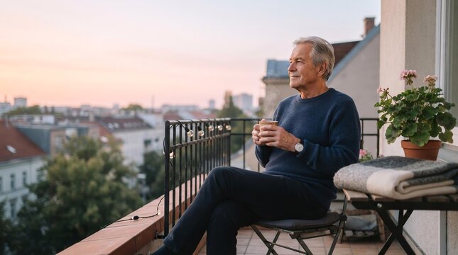 Senior Man Holding Warm Mug on Balcony at Sunrise, Mindfulness and Wellness Concept