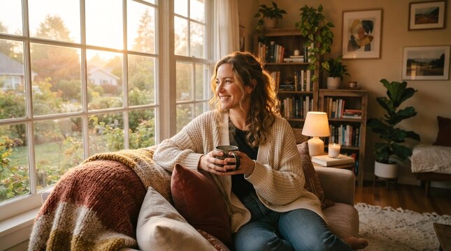 Woman Holding Warm Mug by Window at Sunrise, Morning Routine and Mindfulness Wellness Concept
