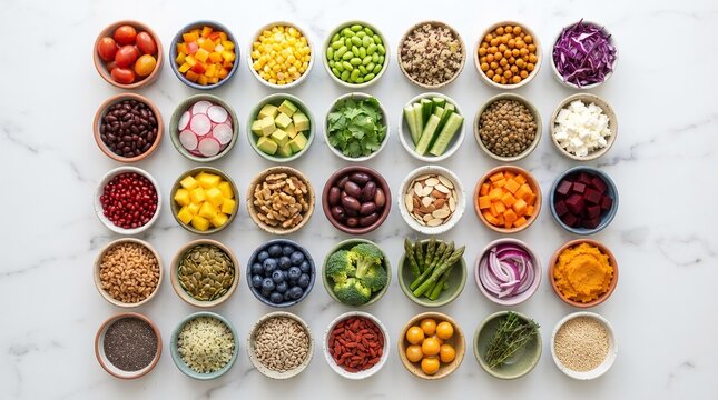 Assorted Fresh Vegetables, Legumes, and Grains in Bowls, Healthy Nutrition and Balanced Diet Concept