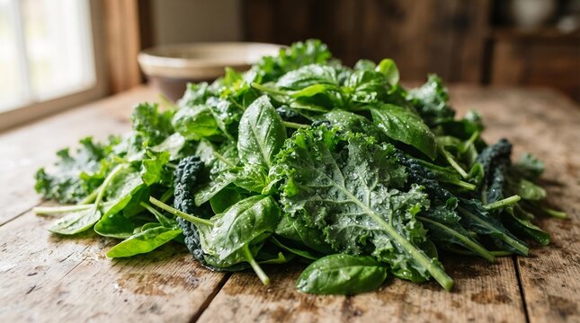 Fresh Raw Leafy Greens with Water Droplets on Rustic Wooden Table, Healthy Eating and Nutrition Concept