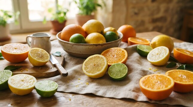 Fresh Citrus Fruits on Rustic Table, Healthy Raw Food Ingredients for Culinary and Nutrition Concept
