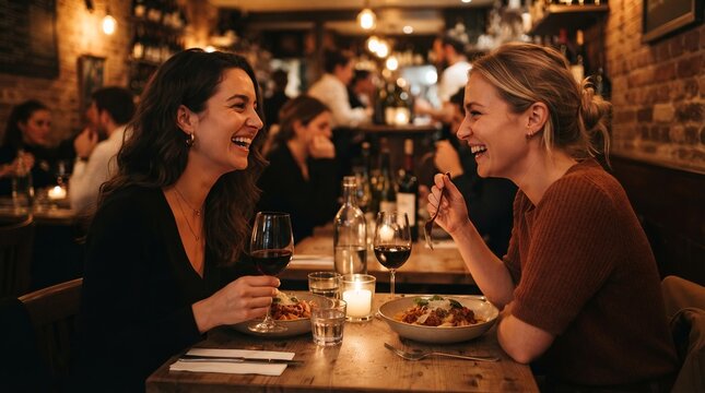 Two Female Friends Enjoying Dinner and Wine at Rustic Bistro, Authentic Social Connection and Friendship Concept