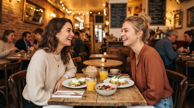 Two Friends Laughing During Brunch at Cozy Cafe, Authentic Social Connection and Lifestyle Concept