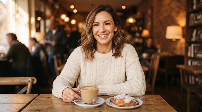 Young Woman Enjoying Coffee and Croissant in Cozy Cafe, Weekend Brunch Lifestyle Concept