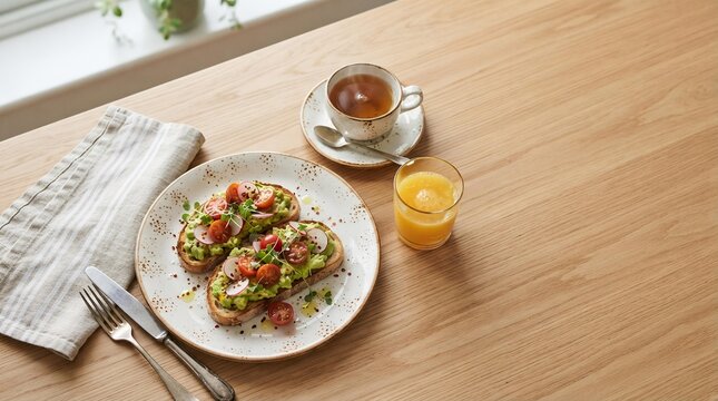 Avocado Toast Breakfast Flat Lay on Wooden Table, Healthy Brunch Concept for Social Media Marketing